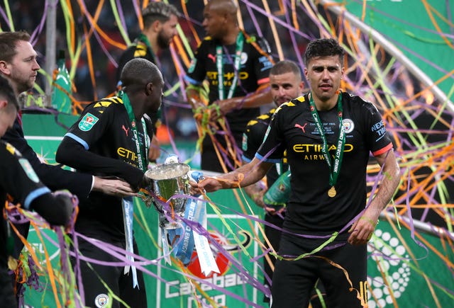 Rodri (right) was in the Manchester City side that won the Carabao Cup in March