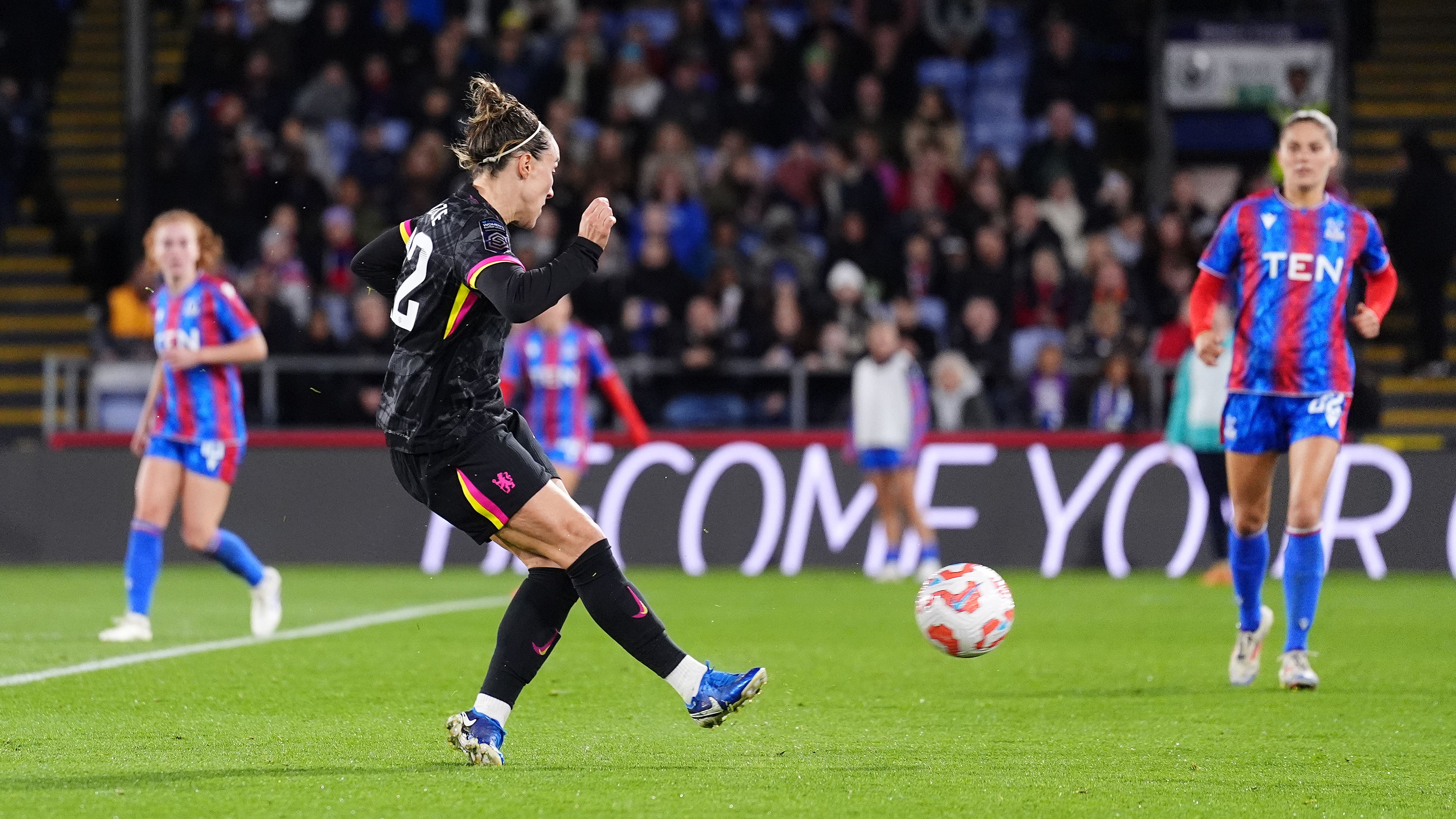 Lucy Bronze scores Chelsea’s second (Zac Goodwin/PA)