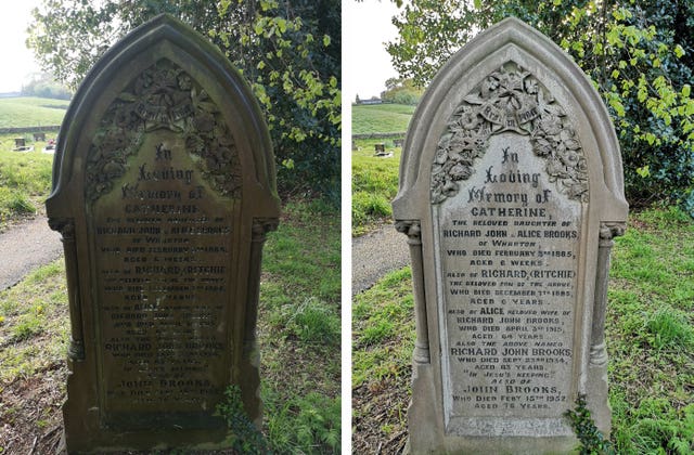 Undated handout photos of a before and image of a grave stone that has been cleaned by Ryan van Emmenis and his children, who are using their daily exercise to clean gravestones in local cemeteries.