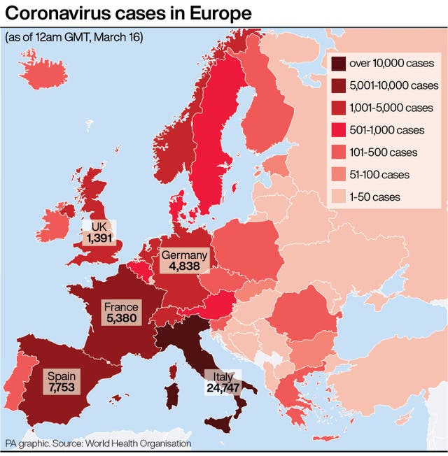 Coronavirus cases in Europe graphic