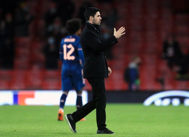 Arsenal manager Mikel Arteta applauded the supporters at the end of the game.