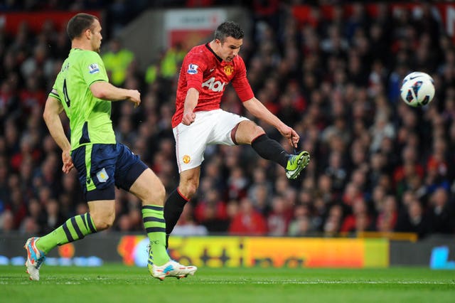 Robin Van Persie, right, scored a hat-trick as Manchester United sealed the 2011-12 Premier League title with a 3-0 victory over Aston Villa