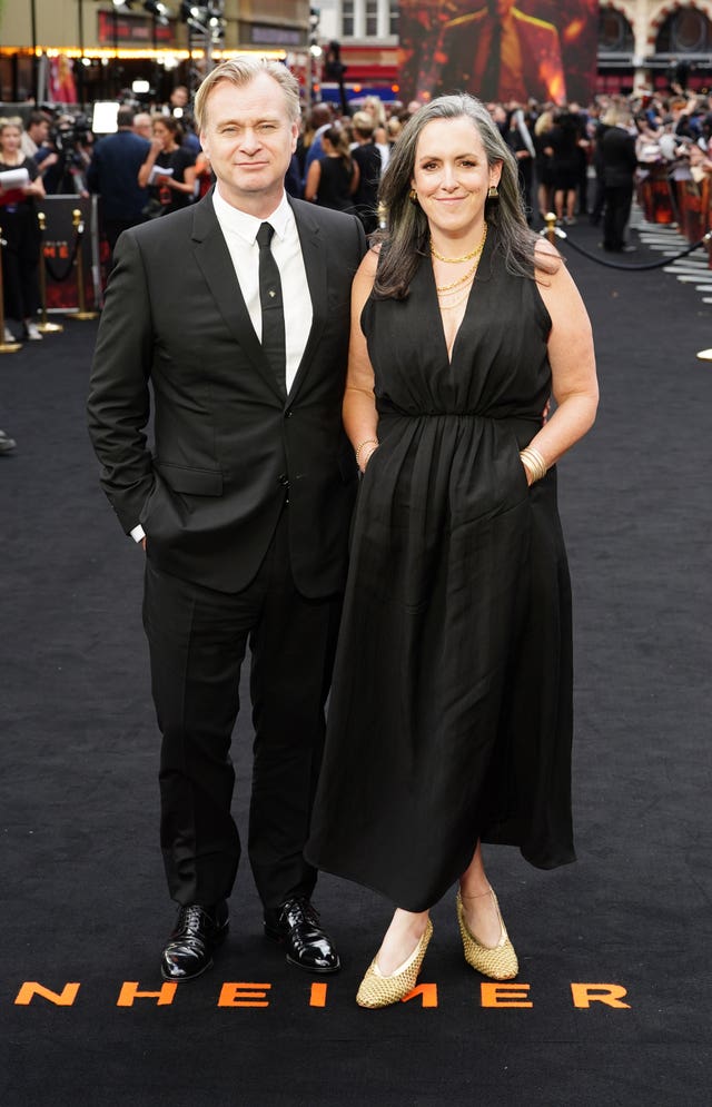 Christopher Nolan and Emma Thomas arrive for the UK premiere of Oppenheimer at the Odeon Luxe, Leicester Square in London