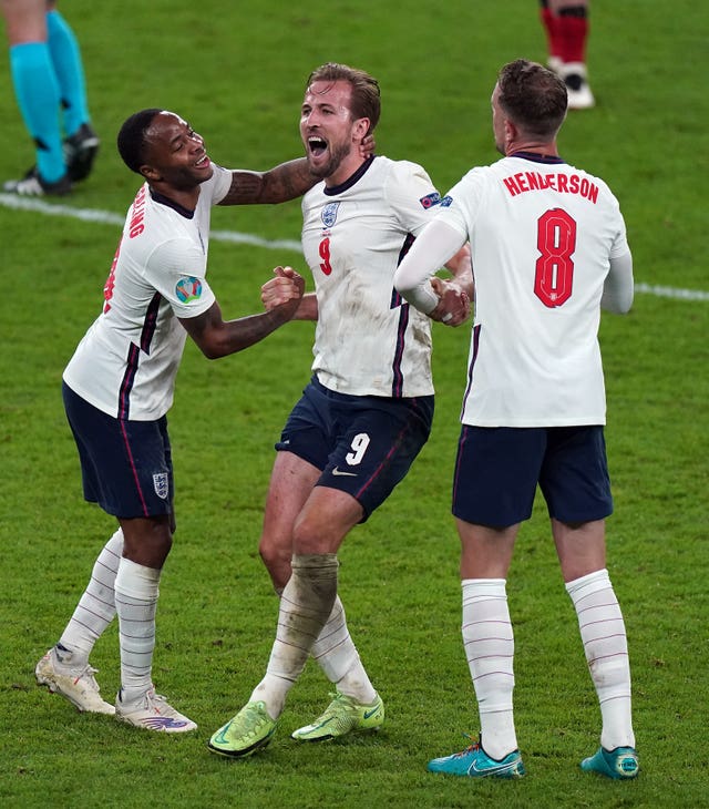 Harry Kane, Raheem Sterling and Jordan Henderson celebrate at Euro 2020