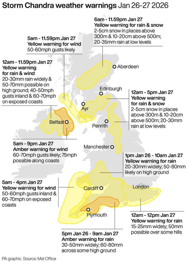 A PA graphic showing Storm Chandra weather warnings for January 26 and 27