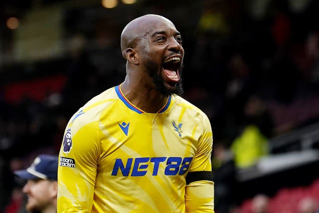 Crystal Palace's Jean-Philippe Mateta celebrates as he leaves the pitch after scoring twice in a 2-0 win at Manchester United 