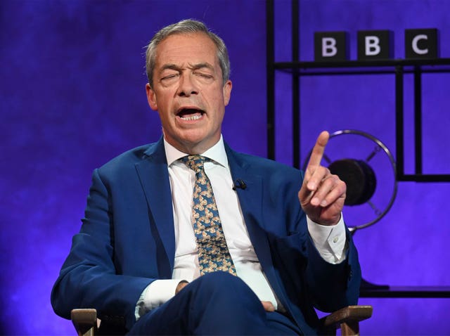 Reform UK leader Nigel Farage holds up his finger during a BBC General Election interview Panorama special