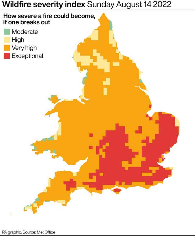 Map showing the high fire severity risk for most of England and Wales and exceptional risk across a swathe of England