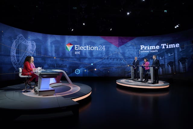 Tanaiste and Fianna Fail leader Micheal Martin, Sinn Fein leader Mary Lou McDonald and Taoiseach and Fine Gael leader Simon Harris with presenters Miriam O’Callaghan and Sarah McInerney during the final TV leaders’ debate at RTE studios in Donnybrook, Dublin