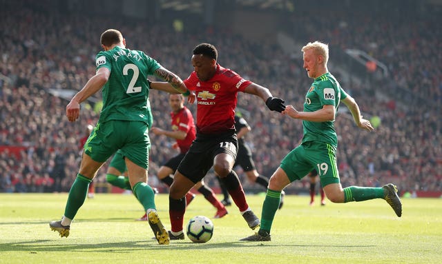 Anthony Martial, centre, scored against Watford 
