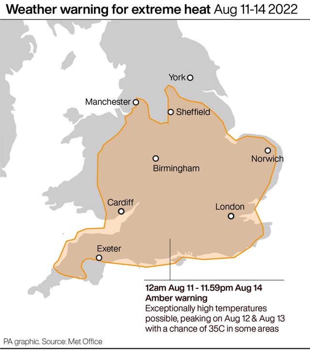 Map showing a weather warning for extreme heat covering much of England and Wales