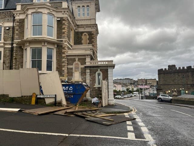 Damaged boarding around a property in Clevedon, Somerset