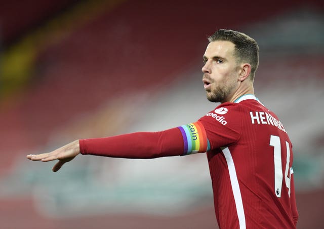 Liverpool’s Jordan Henderson wears a rainbow coloured captain’s armband in support of the Rainbow Laces campaign