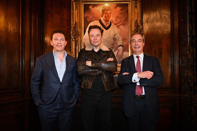 Nick Candy, left, Elon Musk, centre and Nigel Farage in front of a painting of a young Donald Trump