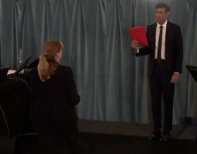 Screen grab from footage issued by the Infected Blood Inquiry of Prime Minister Rishi Sunak being sworn in at the inquiry