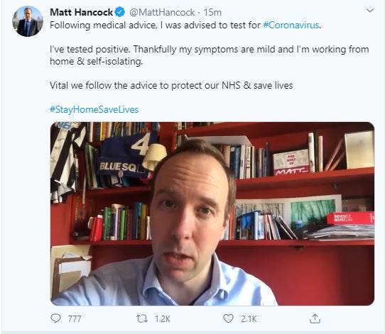 Health Secretary Matt Hancock had announced online that he had tested positive for coronavirus (@MattHancock/PA)