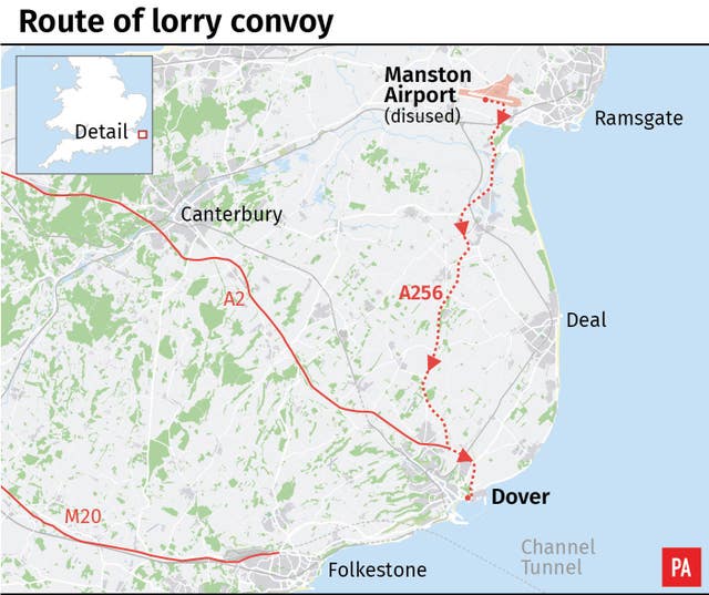 Route of lorry convoy from Manston Airport to Dover