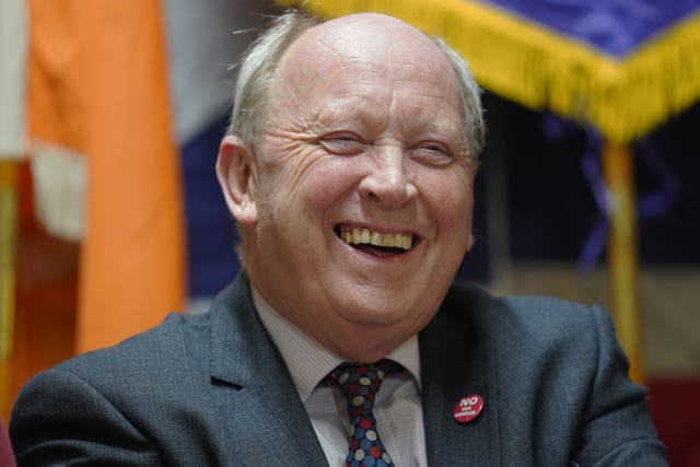 Jim Allister speaking at a rally in opposition to the Northern Ireland Protocol at Crossgar Orange Hall 