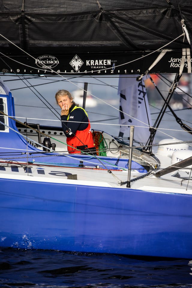 British yachtswoman Pip Hare setting sail in the solo, non-stop 24,300-mile Vendee Globe race, in her 60ft yacht Medallia at Les Sables d’Olonne, France 