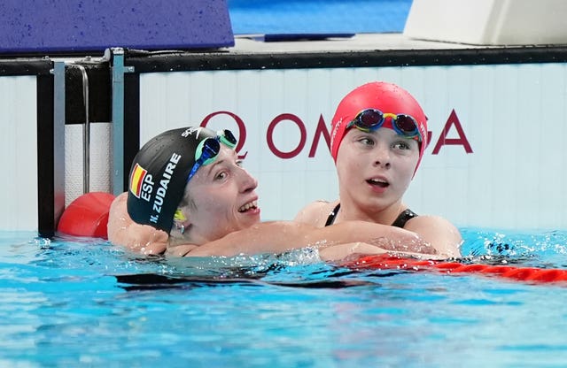 Great Britain’s Iona Winnifrith, right, after winning silver in Paris