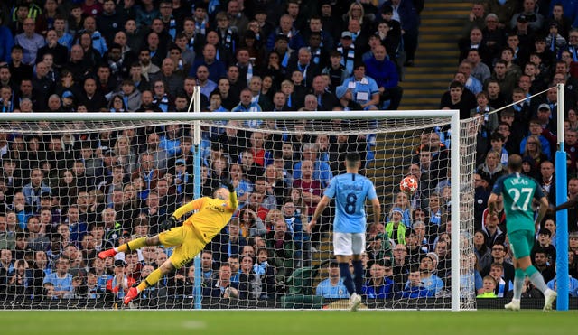 Ederson dives to his left but cannot deny Son Spurs' second to make it 3-1 on aggregate 