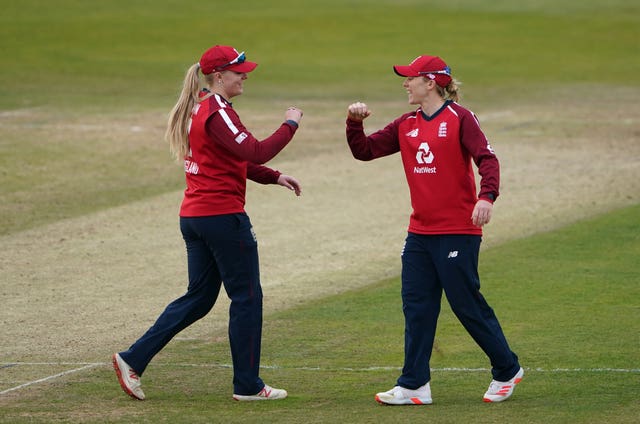 England skipper Heather Knight (right) and Sarah Glenn celebrate victory over the West Indies at Derby
