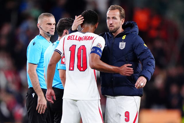 England’s Harry Kane, right, and Jude Bellingham after the win over Czechia