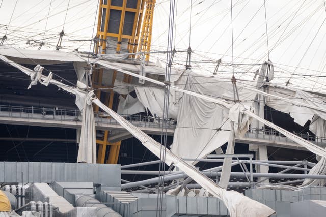 The O2 Arena in London after parts of its roof were ripped off in high winds 