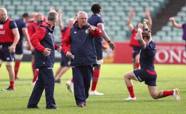 Warren Gatland, centre, issues instructions in a Lions training session