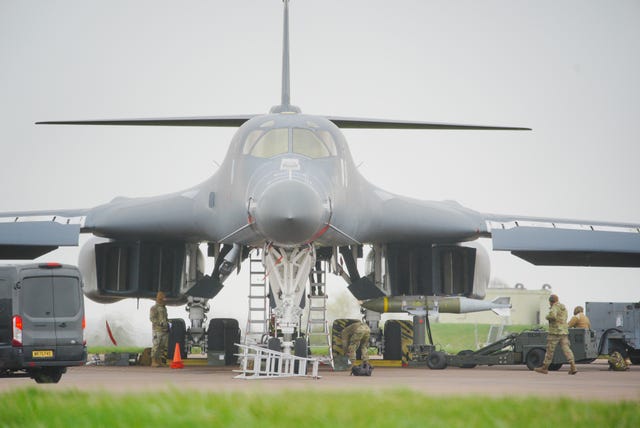 A US Air Force B-1 bomber is loaded with bombs at RAF Fairford in Gloucestershire