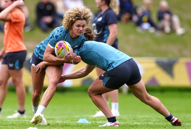 England’s Ellie Kildunne, left, during a training session at Durham City Rugby Club