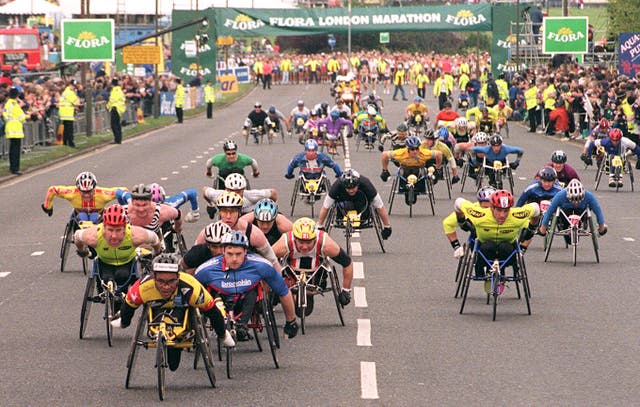Disabled marathon competitors start their 26-mile journey in 1998