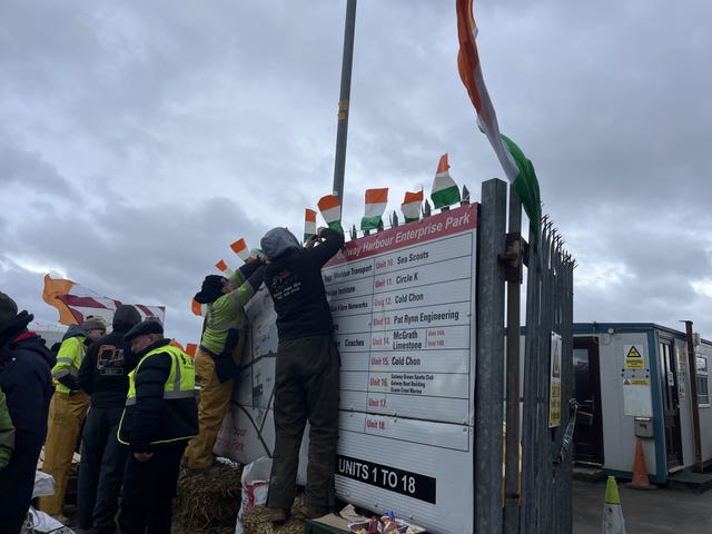 Protesters take part in a blockade at the docks in Galway Docks, Co Galway