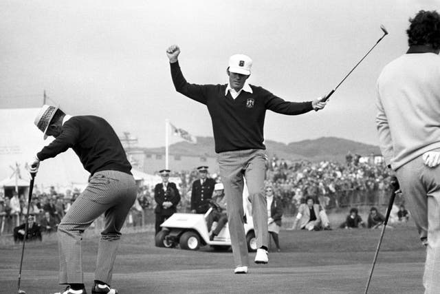 United States golfers Lou Graham, left, and Juan ‘Chi Chi’ Rodriguez celebrate on the last as they defeat Great Britain and Ireland in 1973