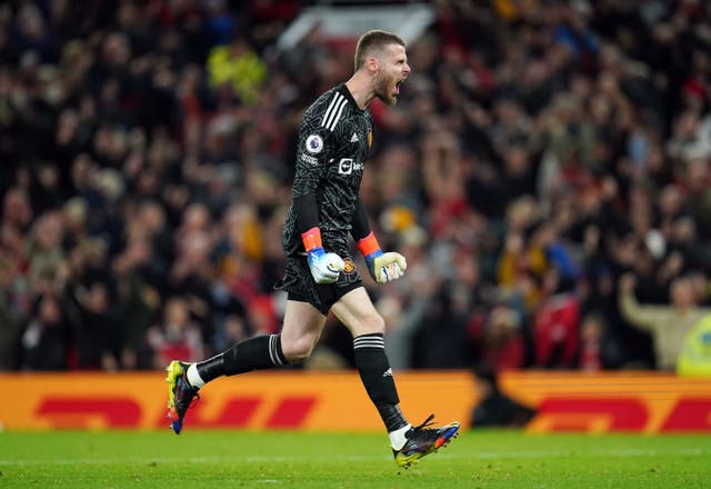 Manchester United goalkeeper David de Gea celebrates after Bruno Fernandes (not pictured) scores their side’s second goal of the game during the Premier League match at Old Trafford, Manchester on October 19, 2022