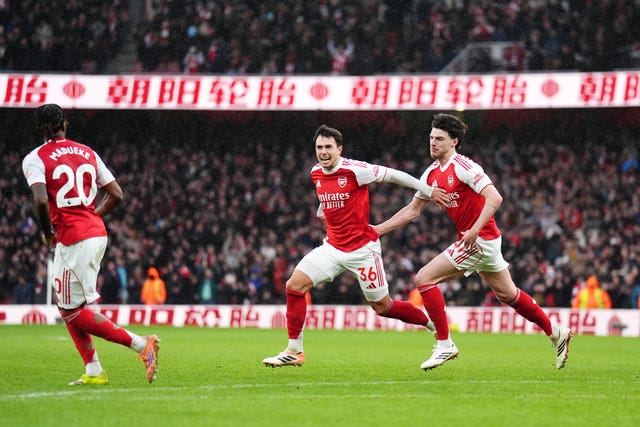 Martin Zubimendi, centre, celebrates with Declan Rice after scoring Arsenal’s first goal against Sunderland