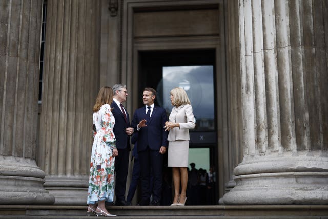 France’s President Emmanuel Macron and his wife Brigitte Macron alongside Prime Minister Sir Keir Starmer and his wife Lady Victoria Starmer depart following a visit to the British Museum