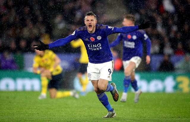 Jamie Vardy celebrates scoring against Arsenal