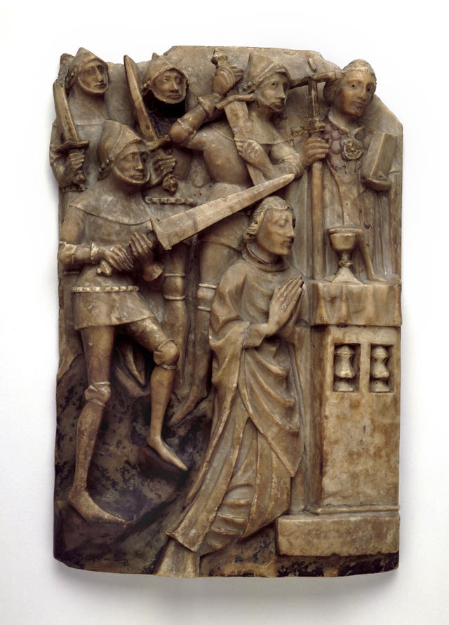 An alabaster sculpture of Thomas Becket kneeling at an altar surrounded by knights (The Trustees of the British Museum/PA)