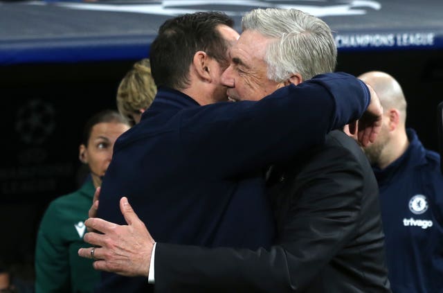 Chelsea caretaker manager Frank Lampard, left, and Real Madrid manager Carlo Ancelotti 