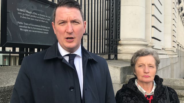 John Finucane and Geraldine Finucane, son and widow of the late Pat Finucane, at Government Buildings in Dublin after meeting Taoiseach Micheal Martin on Monday