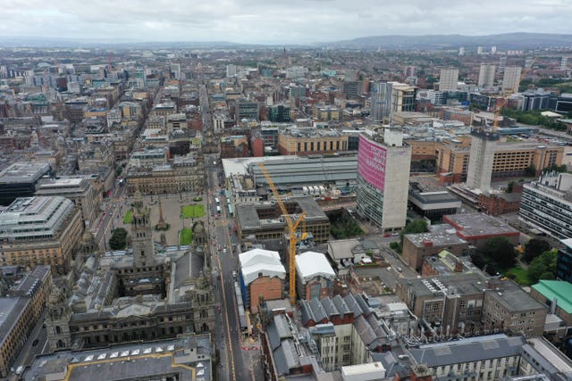 An aerial view of Glasgow, showing George Square in the left-centre of the photo