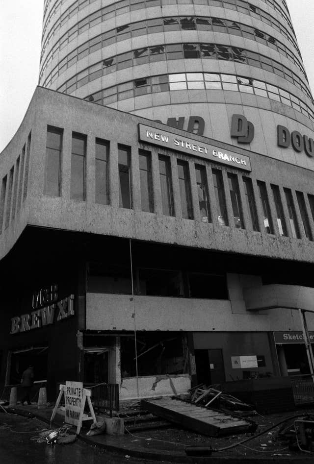 The Mulberry Bush pub and surrounding buildings in Birmingham following the bomb attacks