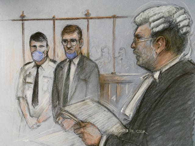 Court artist sketch of James Watson, centre 