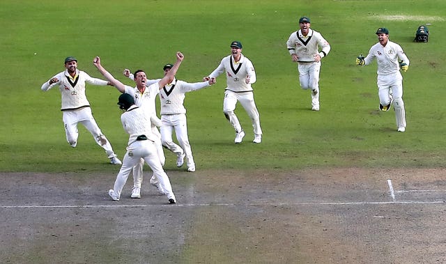 Australia's Josh Hazlewood (second left) celebrates the wicket of England's Craig Overton with his team-mates as they retained the Ashes