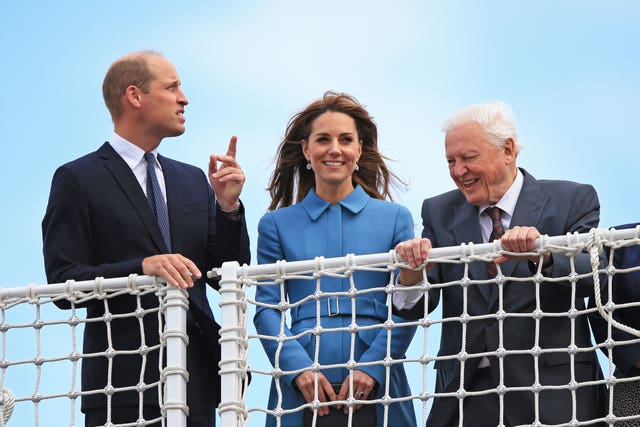 Sir David Attenborough is featured in the documentary with the duke and duchess, the trio are pictured during the naming ceremony of a new British polar research vessel, named after the broadcaster. Peter Byrne/PA Wire
