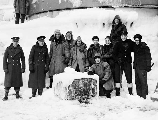 Ice on the superstructure of Arctic Convoy vessel HMS Belfast in November 1943 (Imperial War Museum/PA)