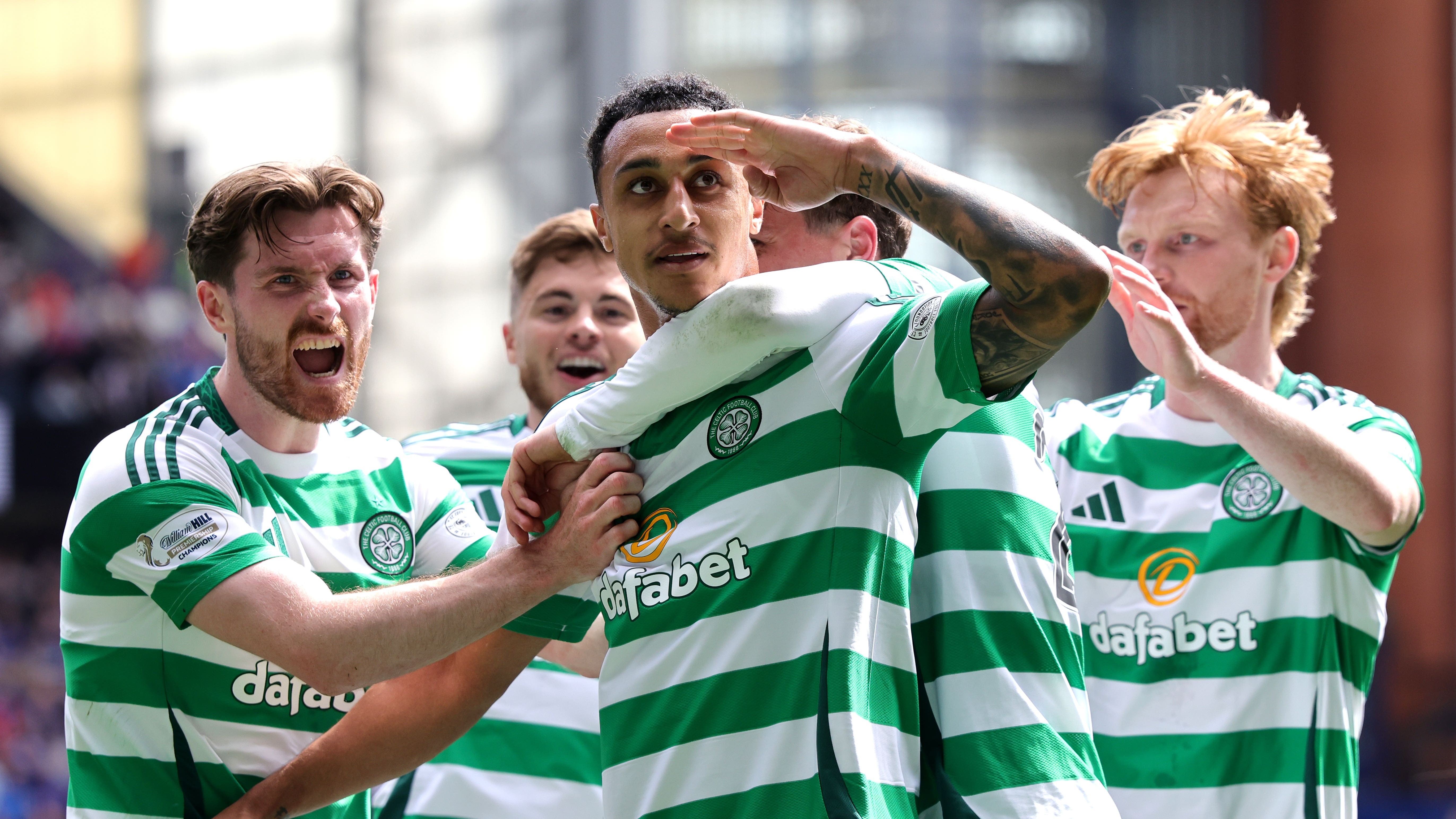 Adam Idah (centre) celebrates Celtic’s equaliser (Steve Welsh/PA)