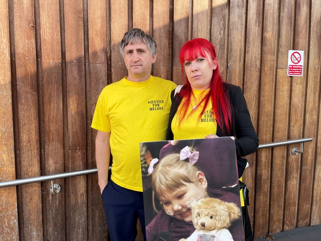 Melody's parents Nigel and Karina Driscoll outside Southwark Coroners Court 