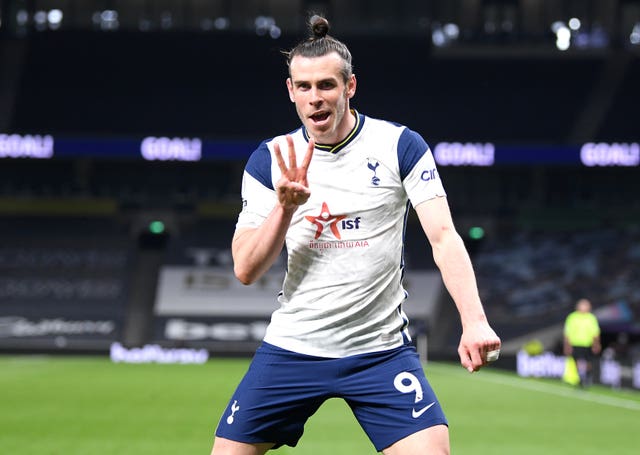 Gareth Bale celebrates scoring a hat-trick for Tottenham against Sheffield United